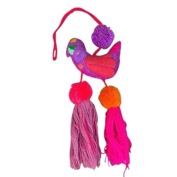 Bird Bag Charm Purple/Pink Pom-Pom Embroidered Mexican Inspired Charm New - Picture 1 of 5